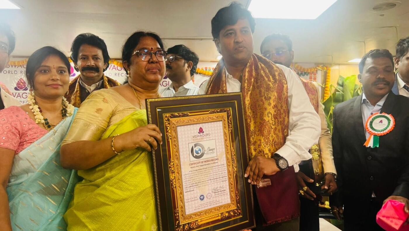 Sri Ram Kalyan Challa receives the Certificate of World Record for the World's First Organ Donation on Wheels.